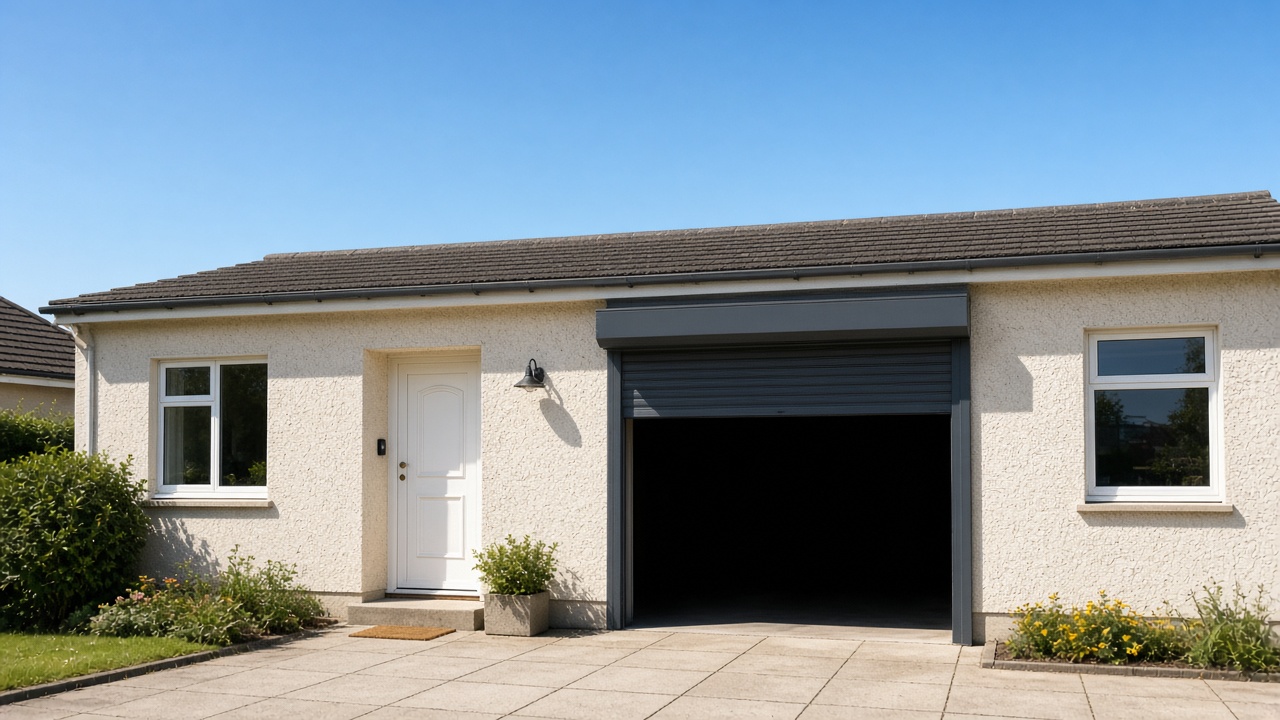 A dark grey roller shutter only a quarter down, with the box and side guides showing on a cream bungalow, hard summer sun and a clear sky. Wide view of the whole elevation.