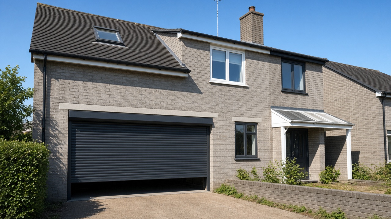 An anthracite roller shutter stopped halfway on a grey-brick semi, hard summer sun and a clear sky. Wide view of the whole elevation.