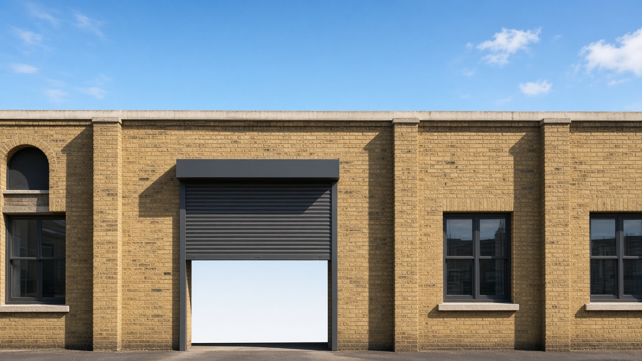 A dark grey roller shutter only a quarter down, with the box and side guides showing on a yellow London stock brick terrace, hard summer sun and a clear sky. Wide view of the whole elevation.