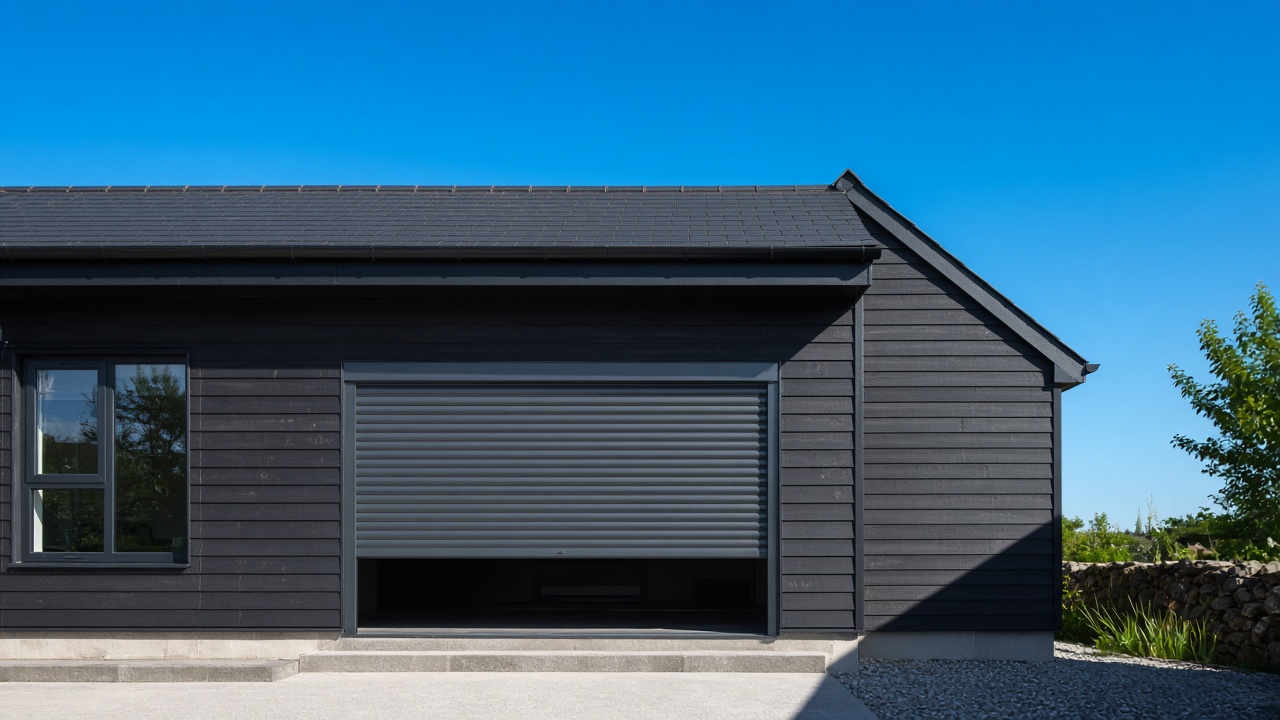 An anthracite roller shutter stopped halfway on a dark timber-clad house, hard summer sun and a clear sky. Wide view of the whole elevation.