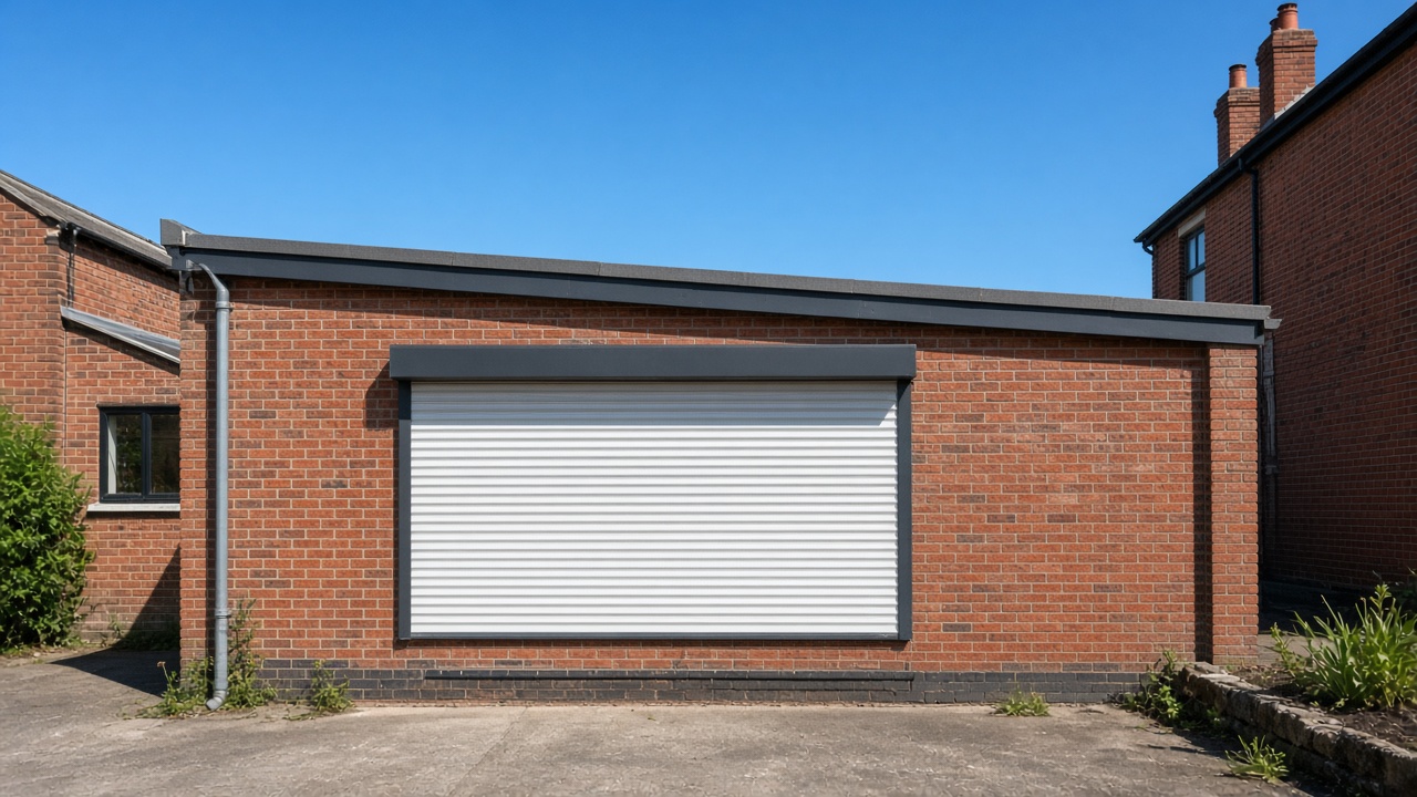 A white roller shutter fully lowered on a red-brick rear extension, hard summer sun and a clear sky. Wide view of the whole elevation.