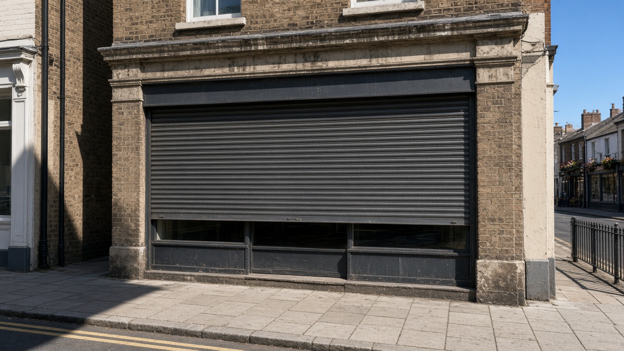 An anthracite roller shutter stopped halfway on a small high-street shopfront, hard summer sun and a clear sky. Wide view of the whole elevation.