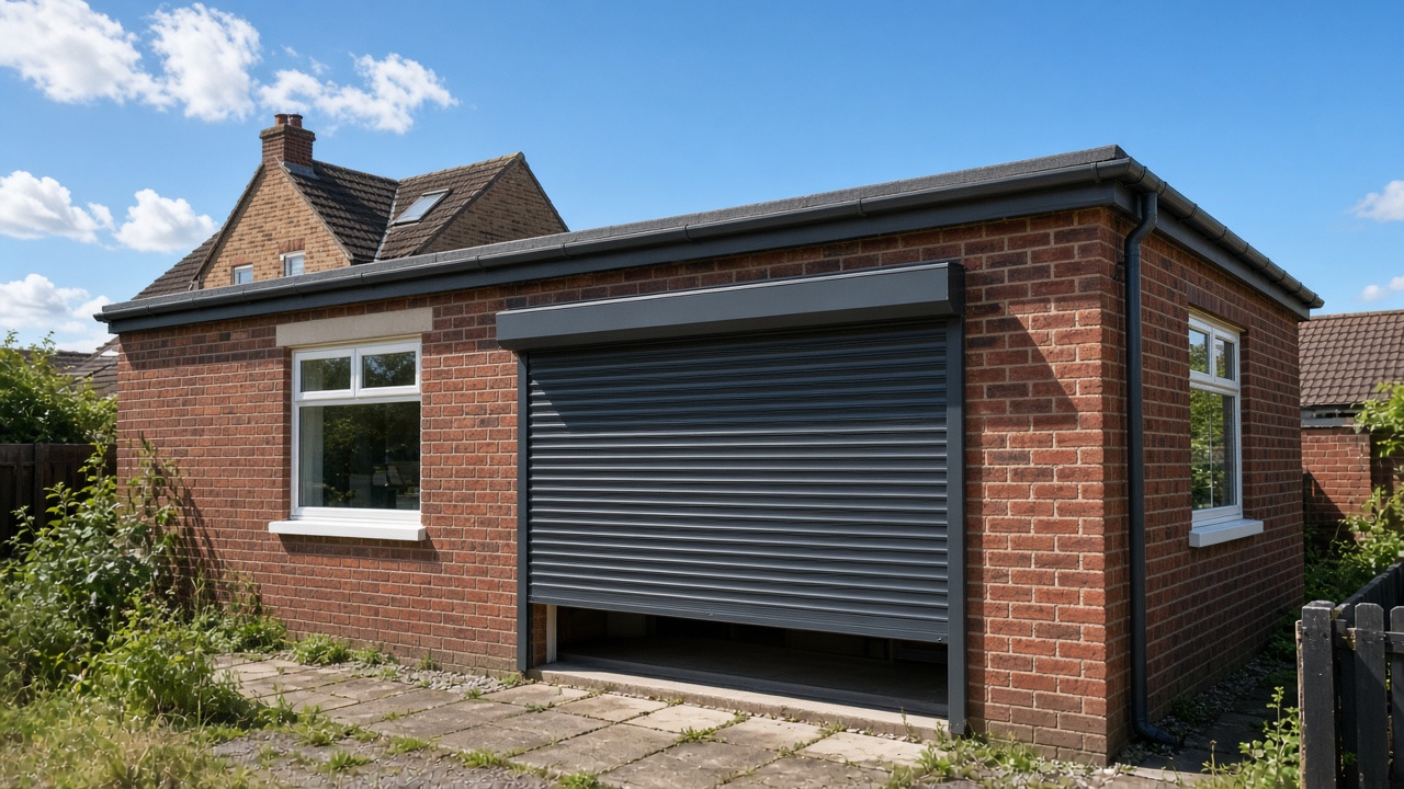 An anthracite roller shutter stopped halfway on a red-brick rear extension, hard summer sun and a clear sky. Wide view of the whole elevation.