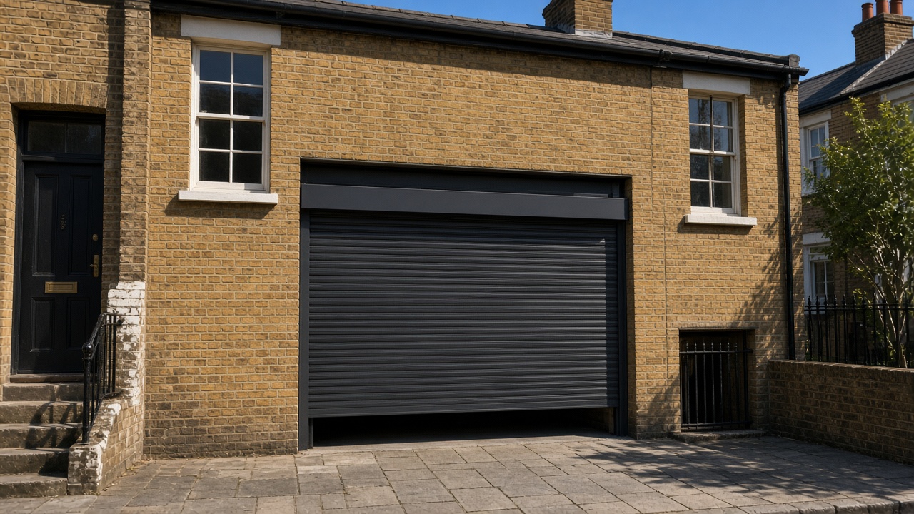 An anthracite roller shutter stopped halfway on a yellow London stock brick terrace, hard summer sun and a clear sky. Wide view of the whole elevation.