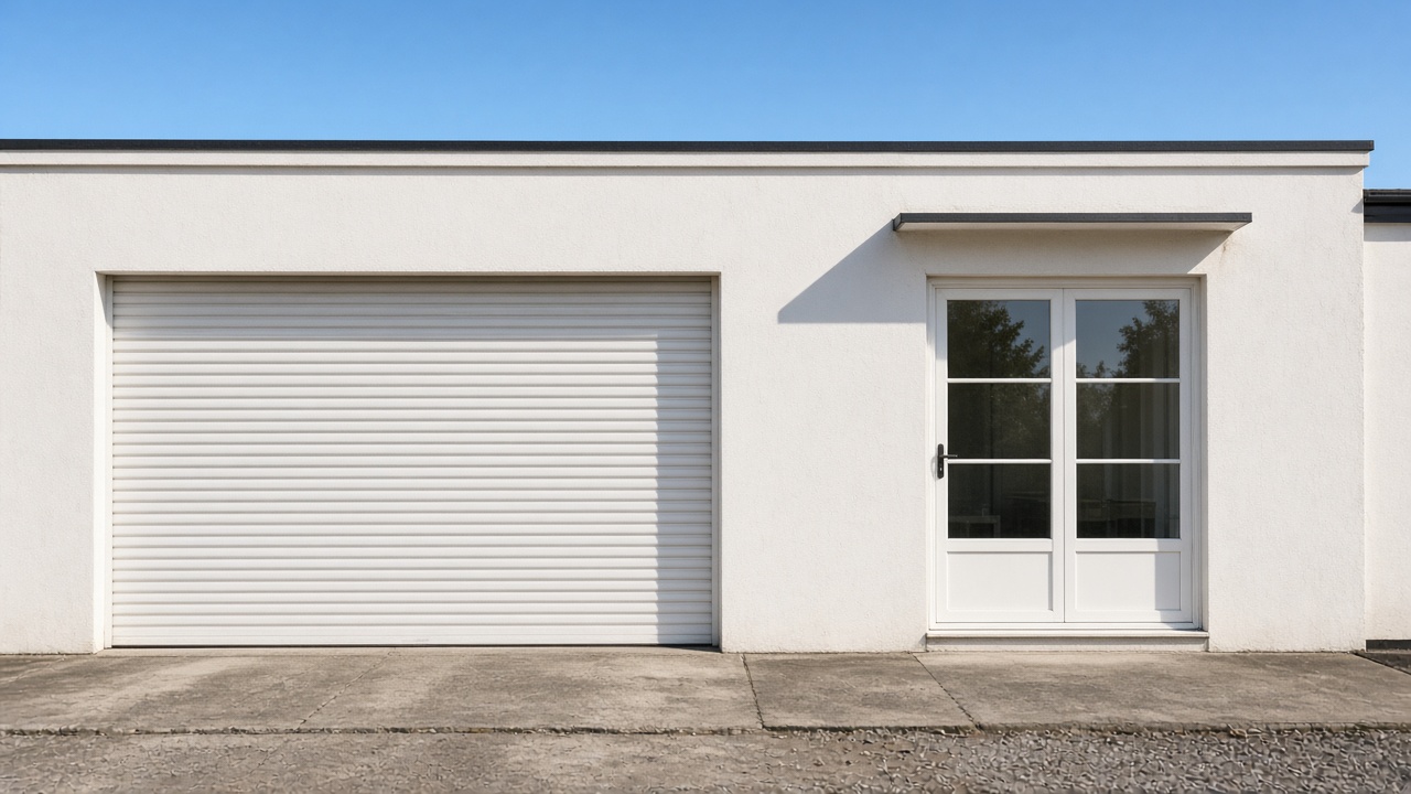 A white roller shutter fully lowered on a flat with a glazed balcony door, hard summer sun and a clear sky. Wide view of the whole elevation.