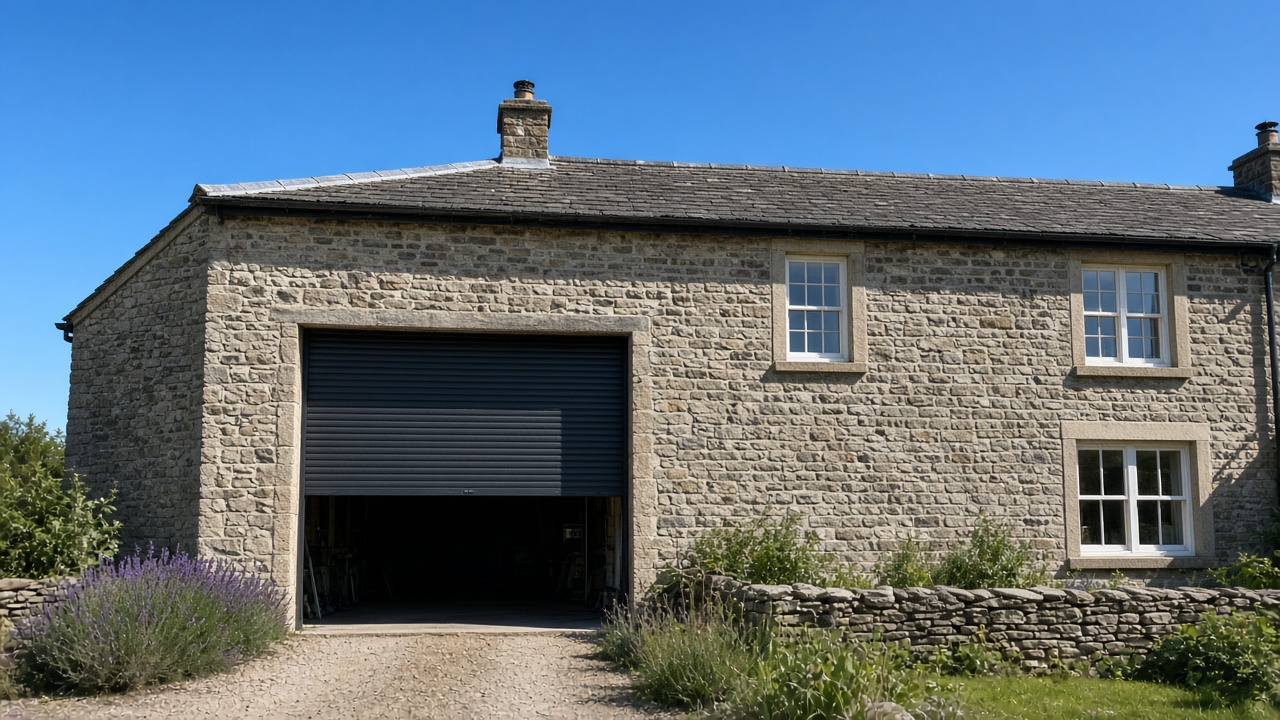 An anthracite roller shutter stopped halfway on a stone farmhouse, hard summer sun and a clear sky. Wide view of the whole elevation.