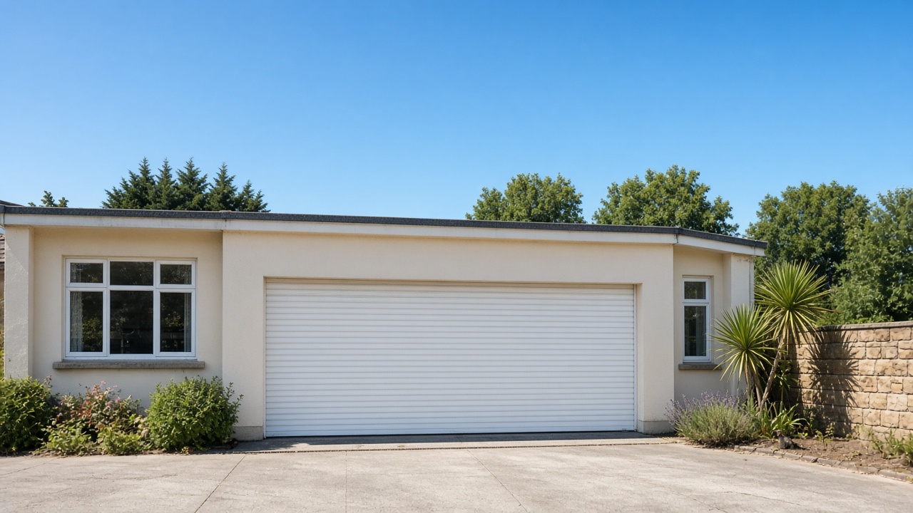 A white roller shutter fully lowered on a cream bungalow, hard summer sun and a clear sky. Wide view of the whole elevation.