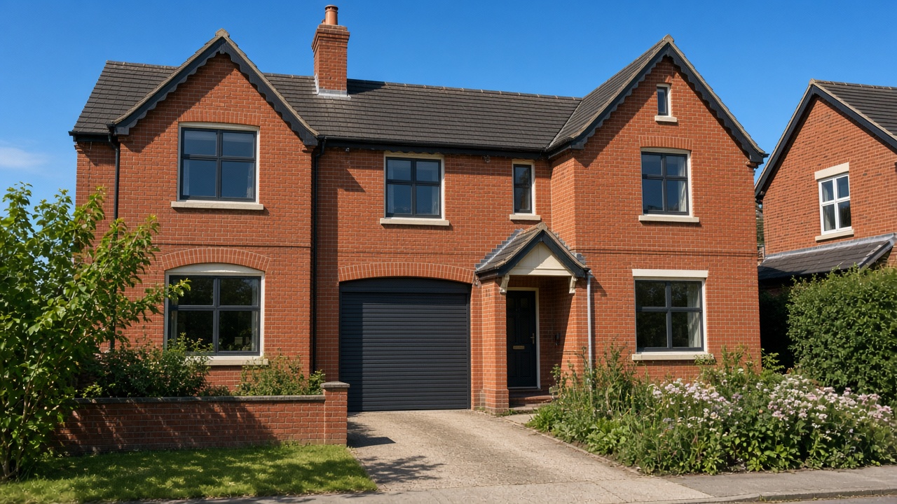 An anthracite roller shutter stopped halfway on a 1930s red-brick semi, hard summer sun and a clear sky. Wide view of the whole elevation.