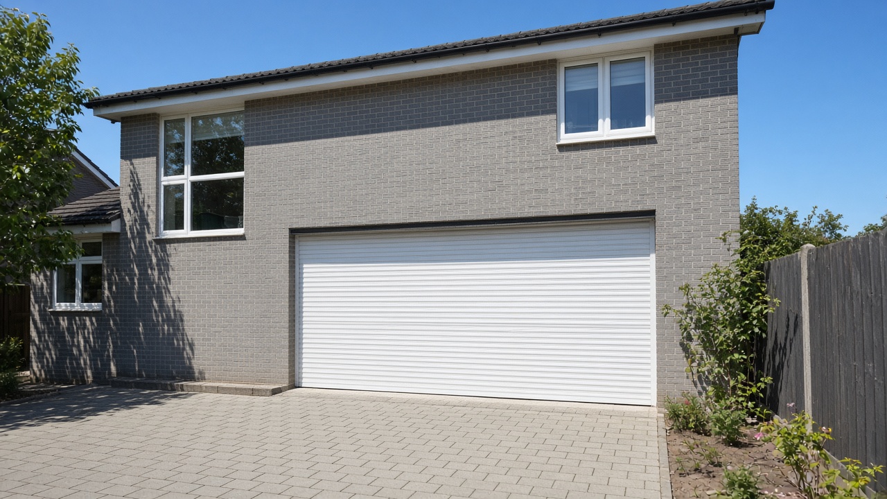 A white roller shutter fully lowered on a grey-brick semi, hard summer sun and a clear sky. Wide view of the whole elevation.