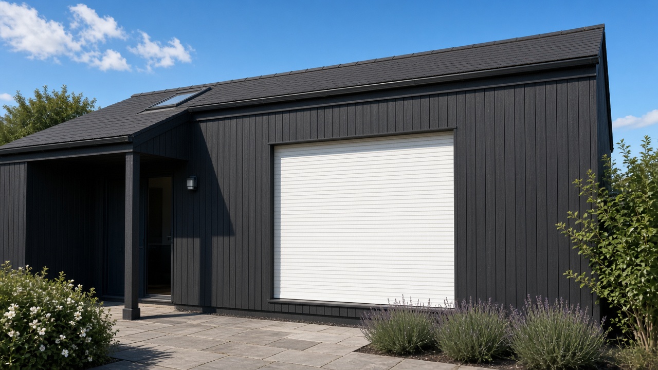 A white roller shutter fully lowered on a dark timber-clad house, hard summer sun and a clear sky. Wide view of the whole elevation.