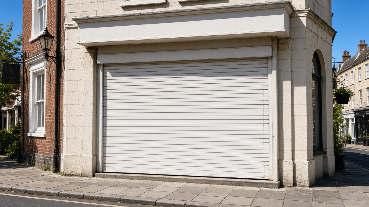 A white roller shutter fully lowered on a small high-street shopfront, hard summer sun and a clear sky. Wide view of the whole elevation.