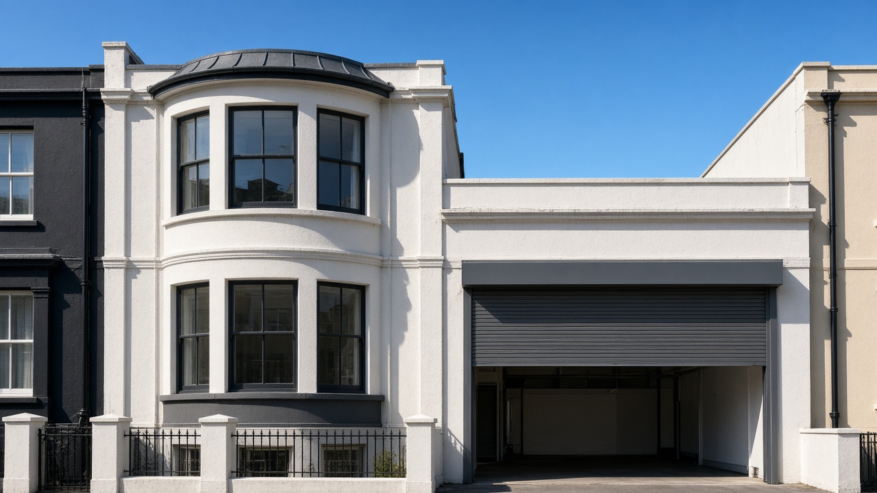 A dark grey roller shutter only a quarter down, with the box and side guides showing on a painted townhouse with a bay, hard summer sun and a clear sky. Wide view of the whole elevation.