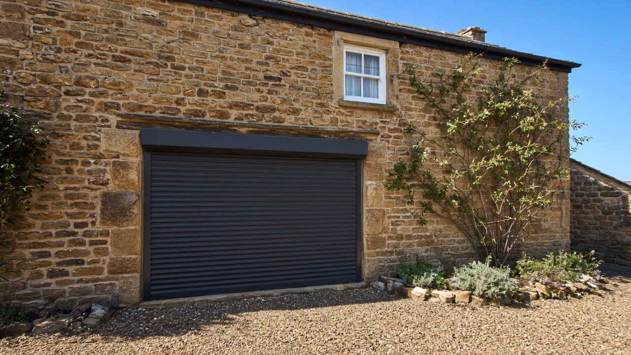 A fully closed anthracite security roller shutter over a ground-floor window on a sandstone cottage, hard summer sun and a clear sky. Wide view of the whole elevation.