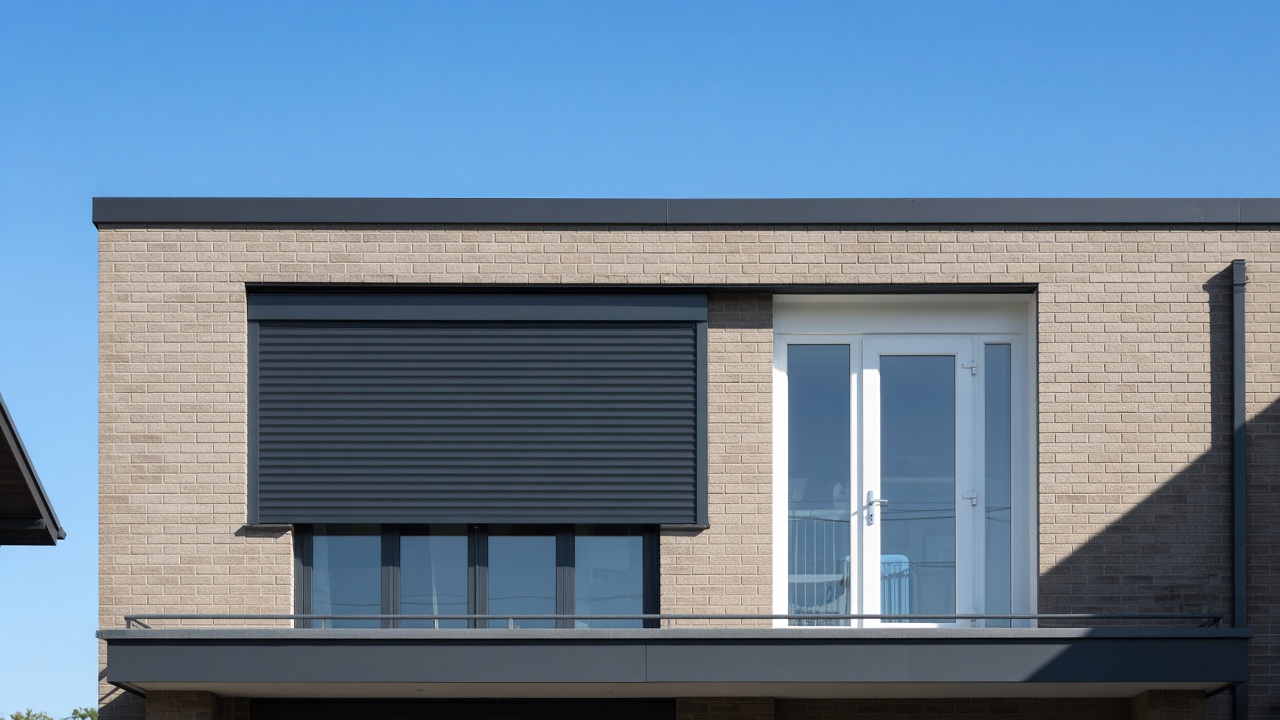 An anthracite roller shutter stopped halfway on a flat with a glazed balcony door, hard summer sun and a clear sky. Wide view of the whole elevation.