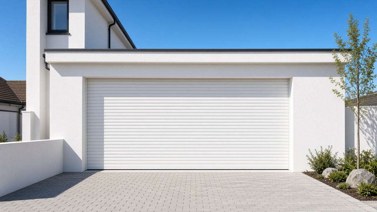A white roller shutter fully lowered on a white rendered new-build, hard summer sun and a clear sky. Wide view of the whole elevation.