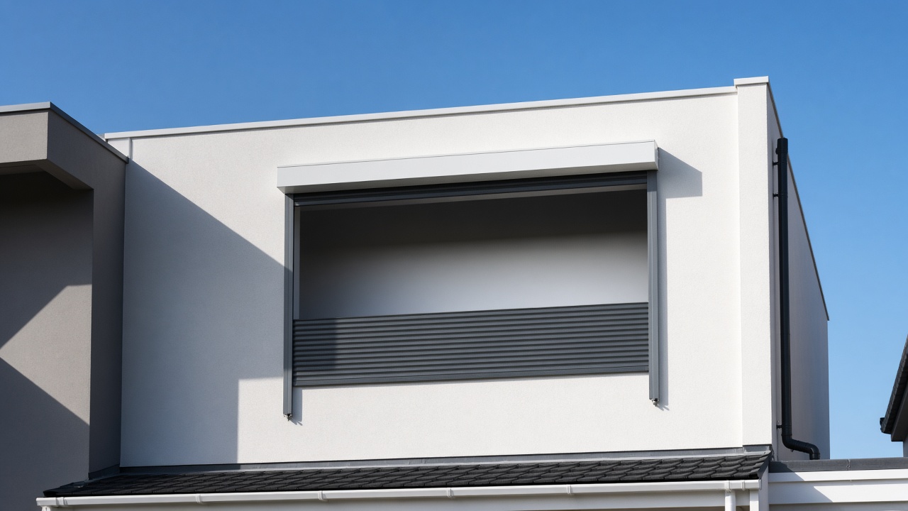 A dark grey roller shutter only a quarter down, with the box and side guides showing on a white rendered new-build, hard summer sun and a clear sky. Wide view of the whole elevation.