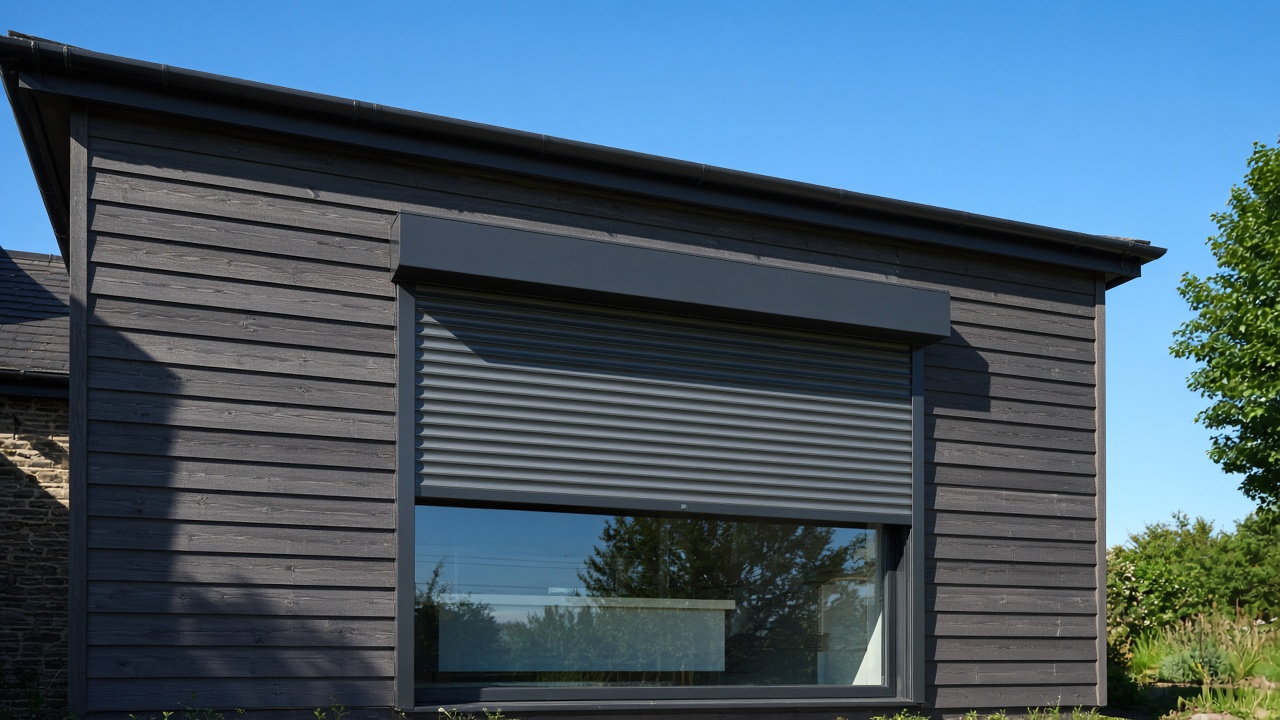 A dark grey roller shutter only a quarter down, with the box and side guides showing on a dark timber-clad house, hard summer sun and a clear sky. Wide view of the whole elevation.