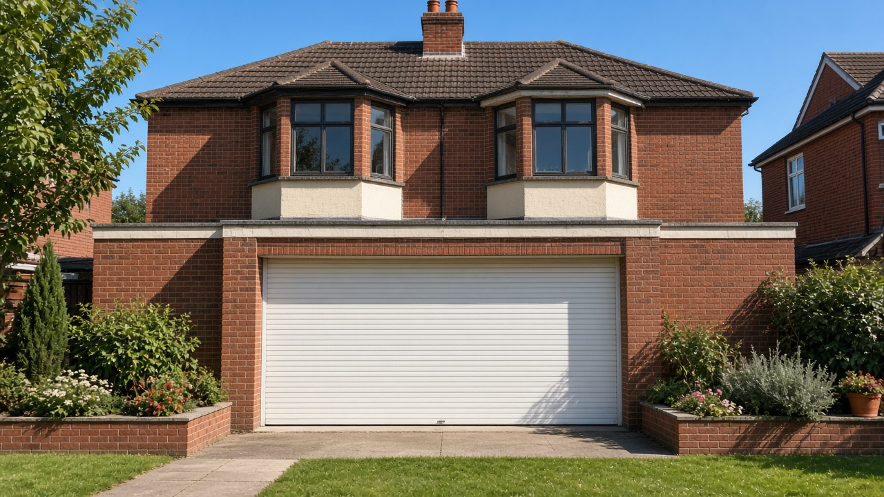 A white roller shutter fully lowered on a 1930s red-brick semi, hard summer sun and a clear sky. Wide view of the whole elevation.