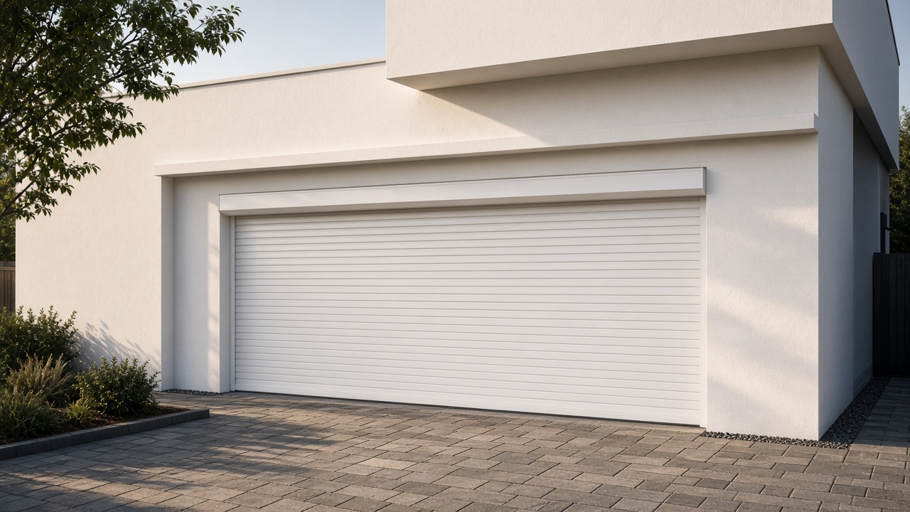 A white roller shutter fully lowered on a white rendered new-build, late afternoon light and long shadows. Wide view of the whole elevation.