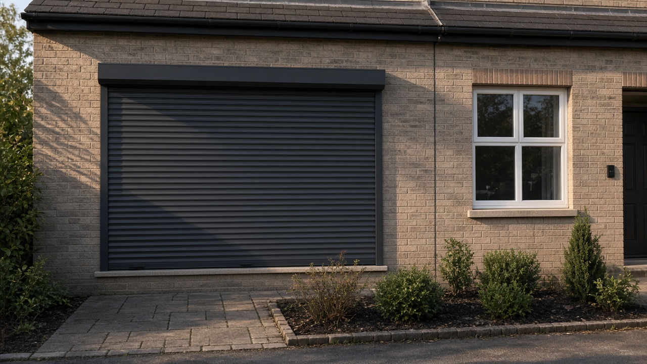 A fully closed anthracite security roller shutter over a ground-floor window on a grey-brick semi, late afternoon light and long shadows. Wide view of the whole elevation.