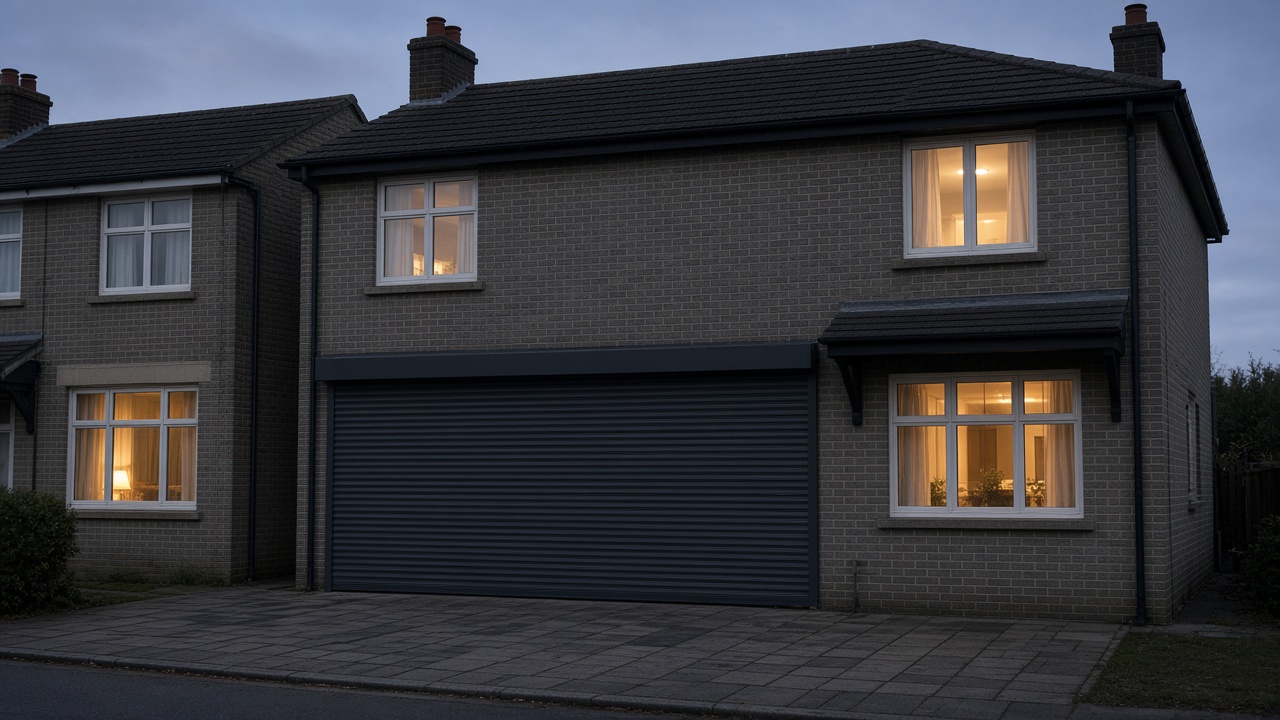 An anthracite roller shutter fully lowered on a grey-brick semi, dusk, with warm lights on inside. Wide view of the whole elevation.
