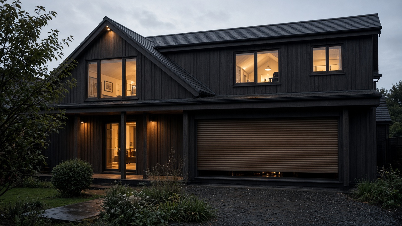 A bronze roller shutter nearly closed on a dark timber-clad house, dusk, with warm lights on inside. Wide view of the whole elevation.
