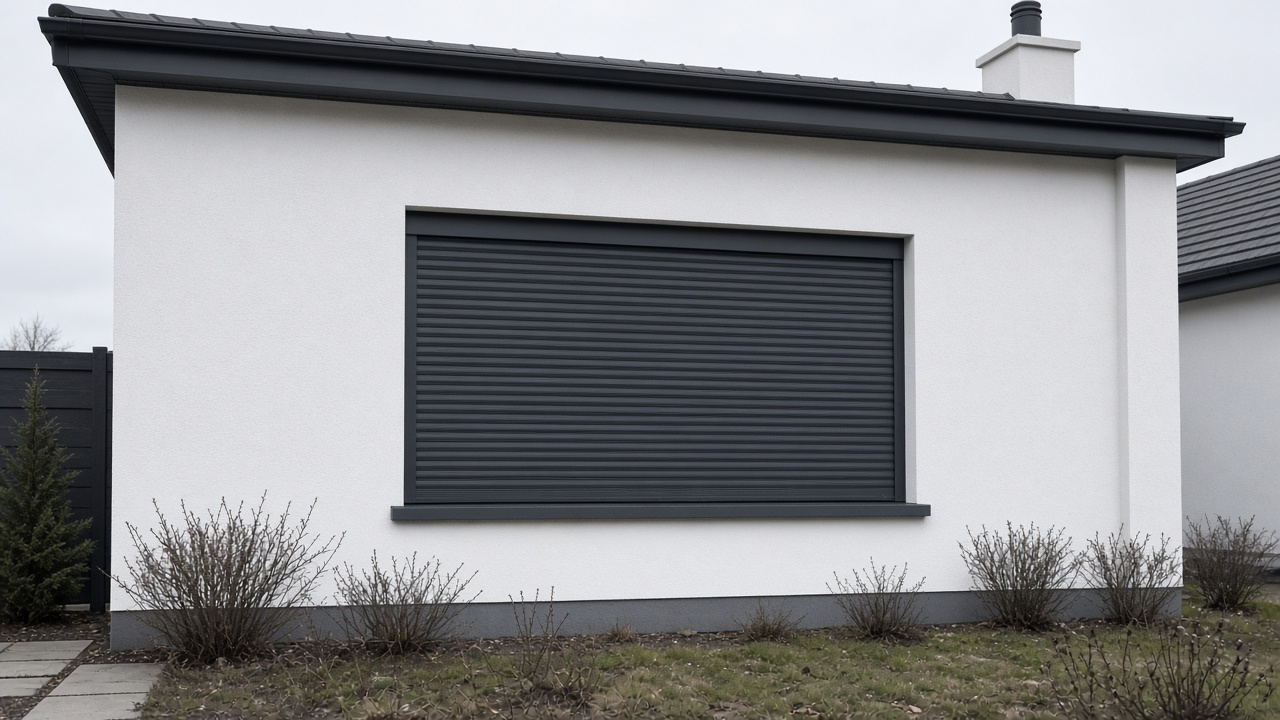 A fully closed anthracite security roller shutter over a ground-floor window on a white rendered new-build, a flat winter sky. Wide view of the whole elevation.