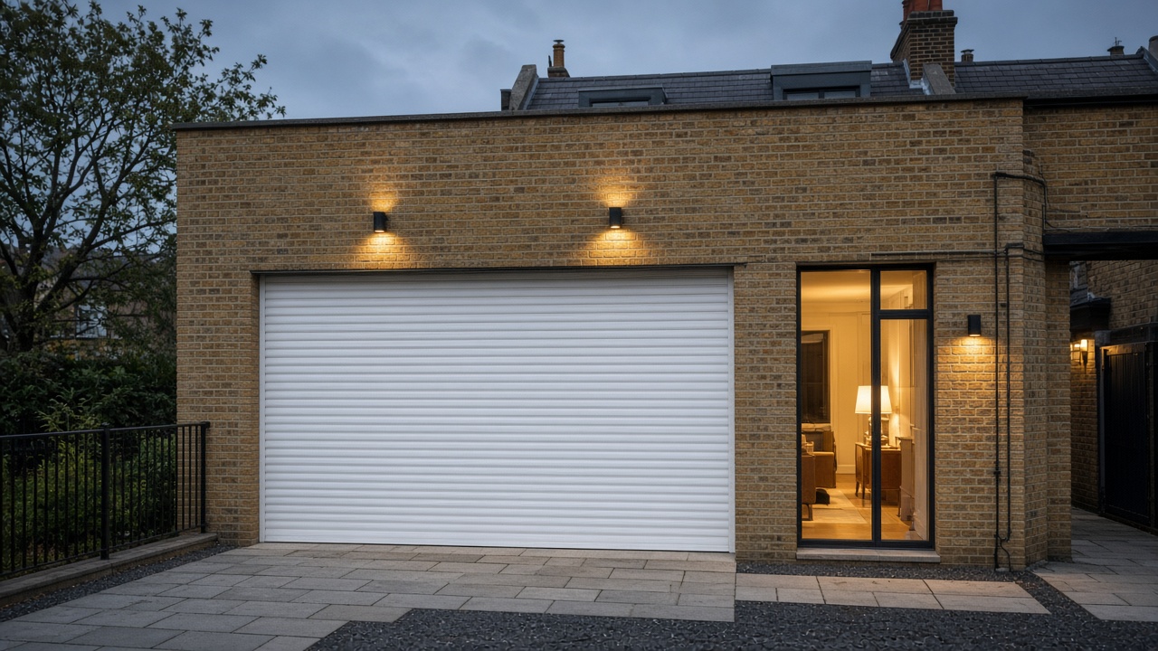 A white roller shutter fully lowered on a yellow London stock brick terrace, dusk, with warm lights on inside. Wide view of the whole elevation.