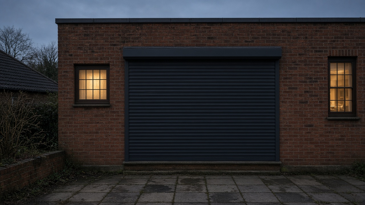 An anthracite roller shutter fully lowered on a red-brick rear extension, dusk, with warm lights on inside. Wide view of the whole elevation.