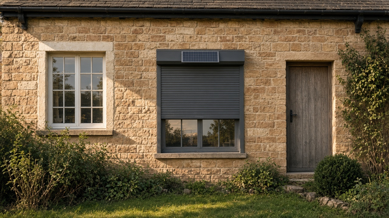 A small solar panel on the front of an anthracite roller shutter box, a dark grey roller shutter only a quarter down, with the box and side guides showing, on a sandstone cottage, late afternoon light and long shadows. Wide view of the whole elevation.