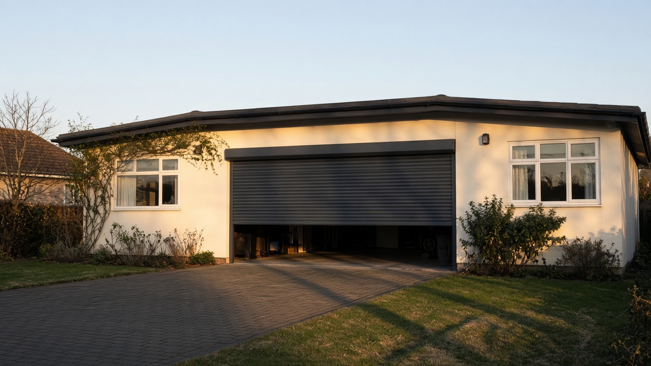 An anthracite roller shutter stopped halfway on a cream bungalow, late afternoon light and long shadows. Wide view of the whole elevation.
