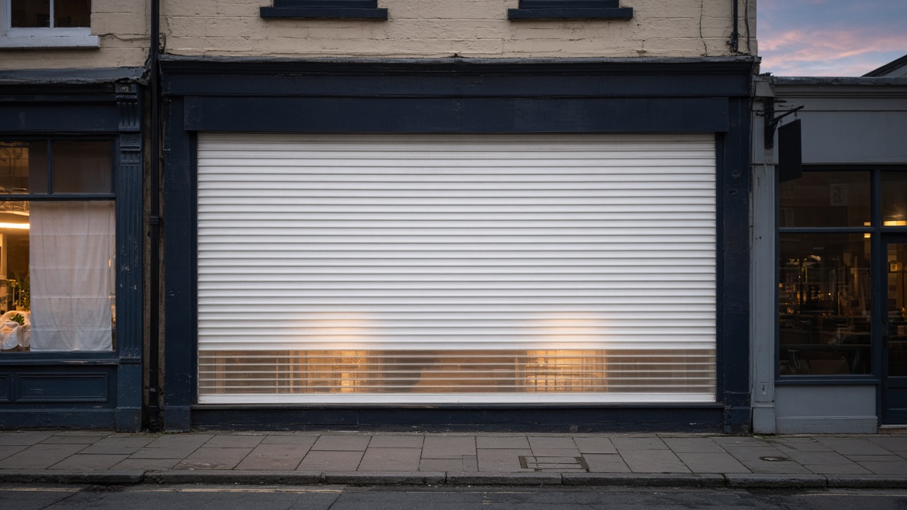 A white roller shutter fully lowered on a small high-street shopfront, dusk, with warm lights on inside. Wide view of the whole elevation.