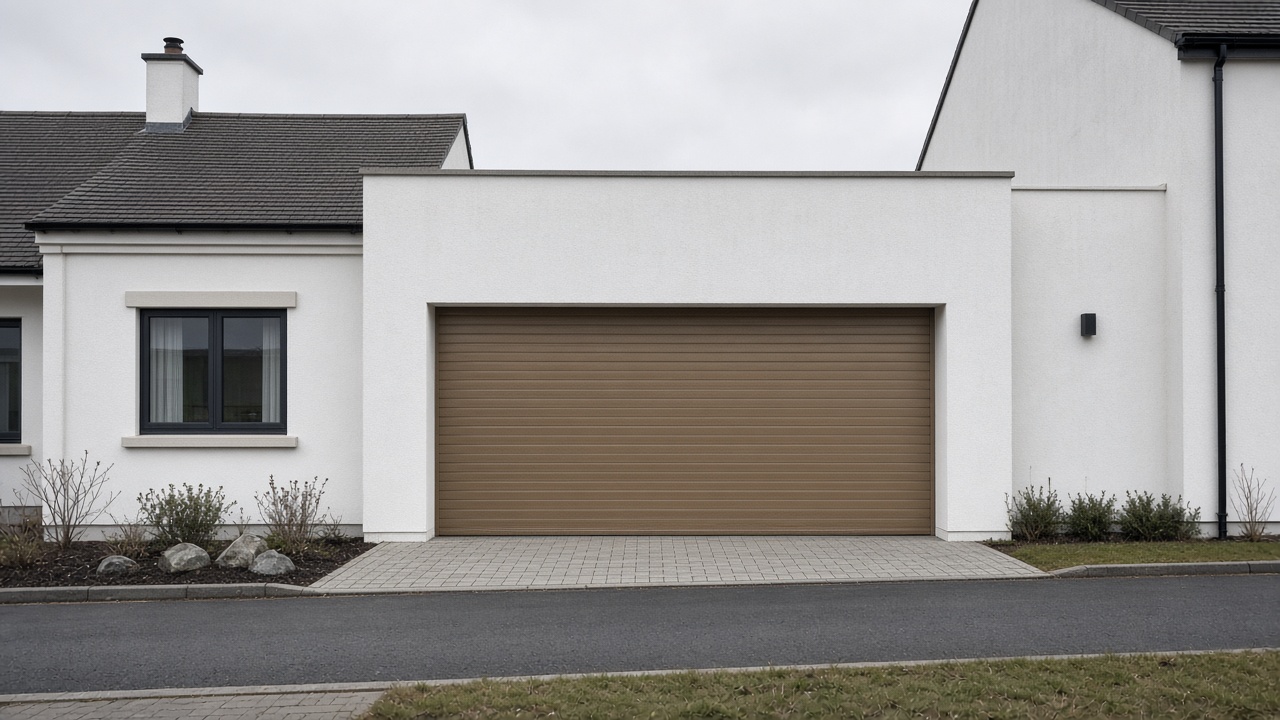 A bronze roller shutter nearly closed on a white rendered new-build, a flat winter sky. Wide view of the whole elevation.