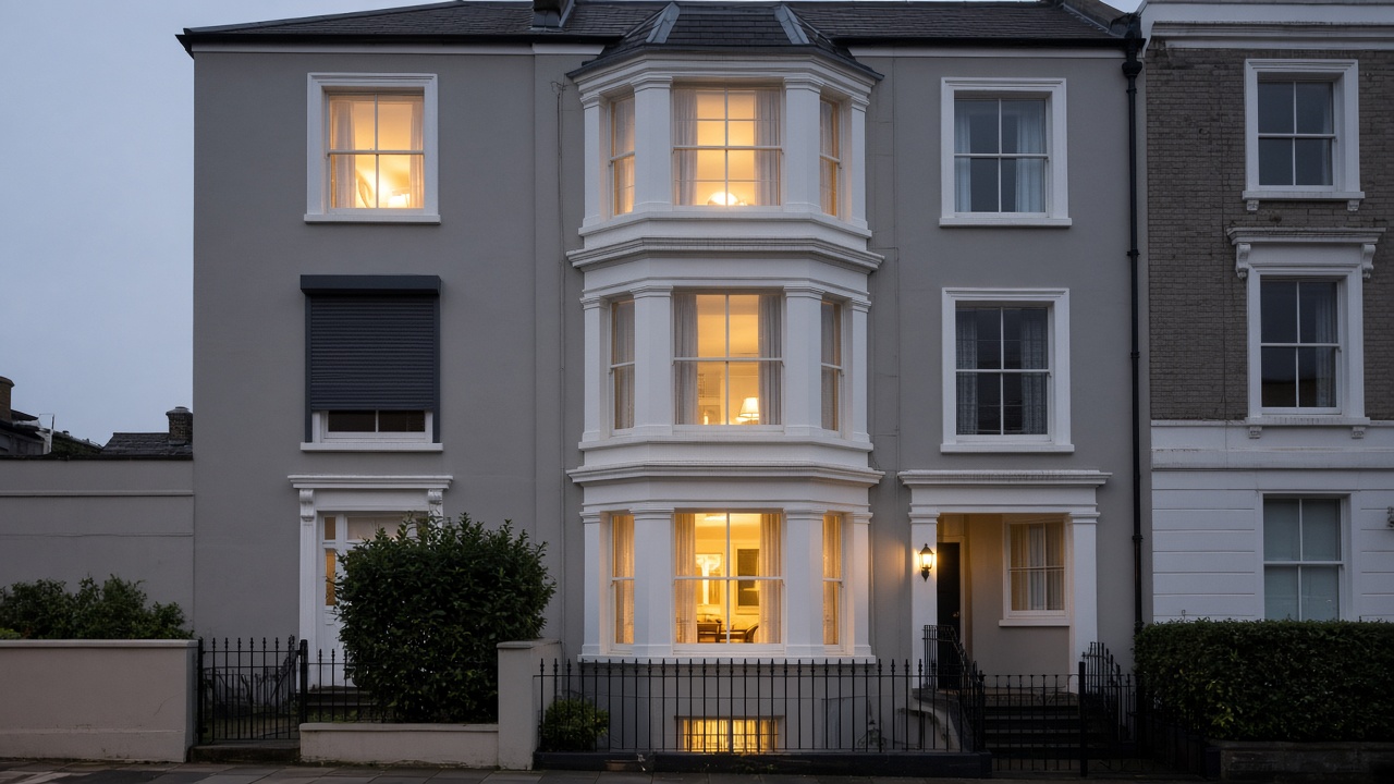 The motor end of a roller shutter box, an anthracite roller shutter stopped halfway, on a painted townhouse with a bay, dusk, with warm lights on inside. Wide view of the whole elevation.