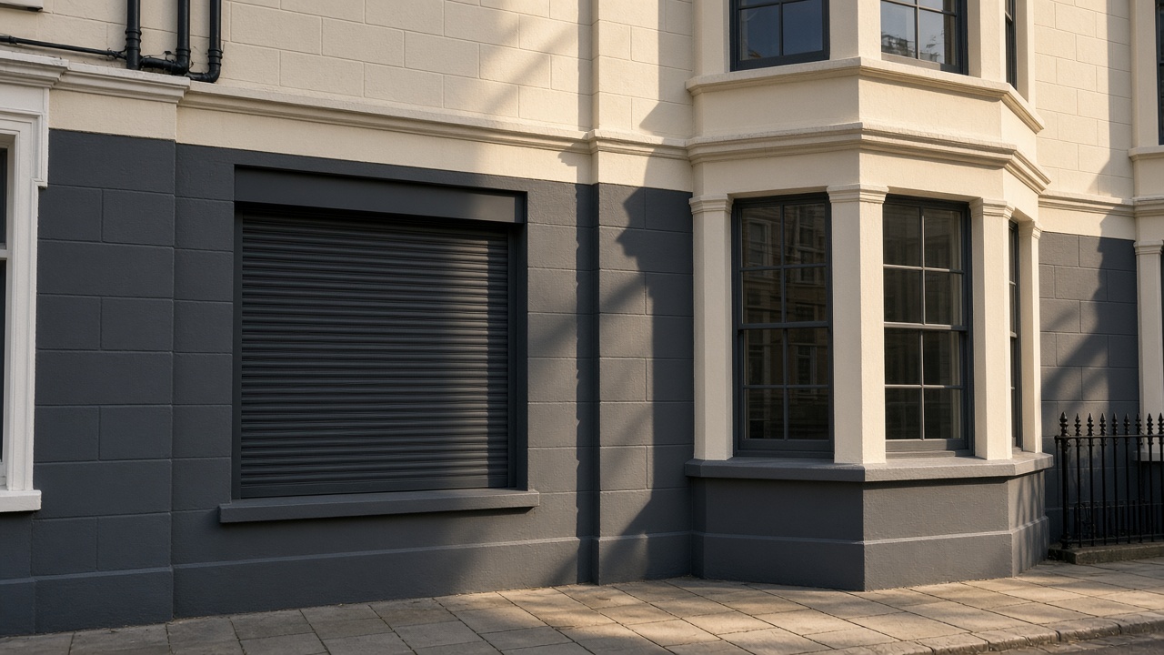 A fully closed anthracite security roller shutter over a ground-floor window on a painted townhouse with a bay, late afternoon light and long shadows. Wide view of the whole elevation.