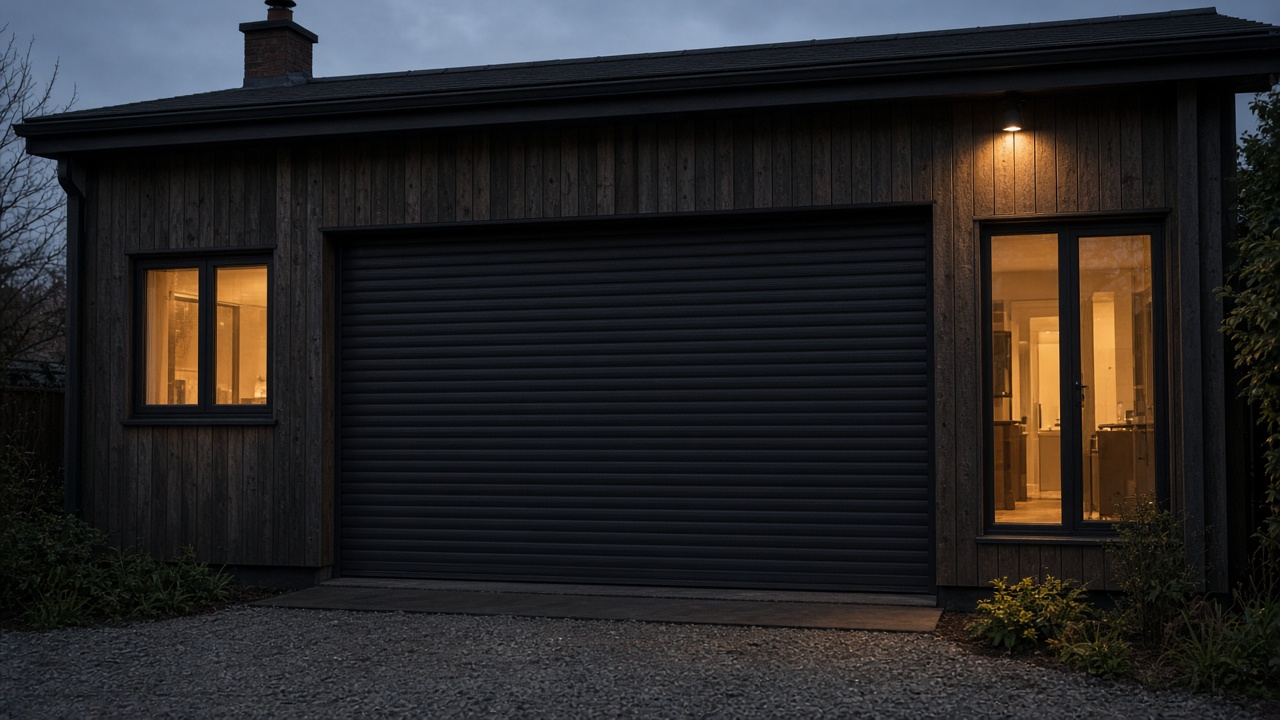An anthracite roller shutter fully lowered on a dark timber-clad house, dusk, with warm lights on inside. Wide view of the whole elevation.