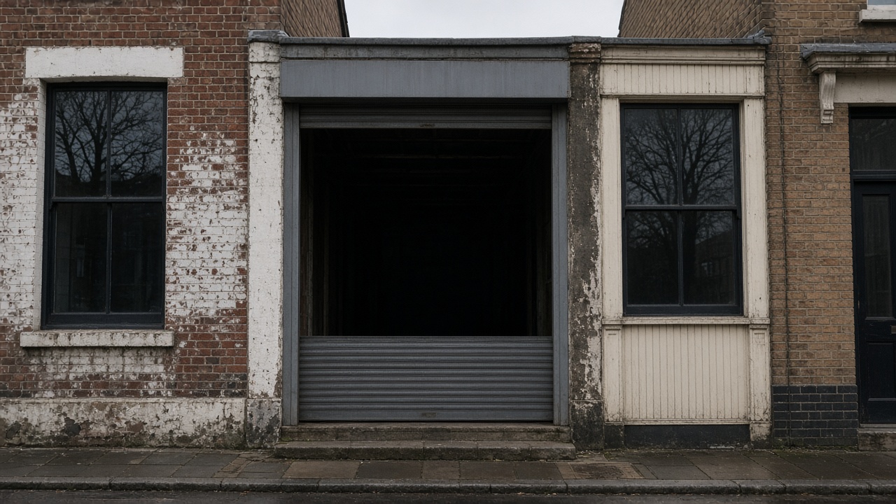 A dark grey roller shutter only a quarter down, with the box and side guides showing on a small high-street shopfront, a flat winter sky. Wide view of the whole elevation.