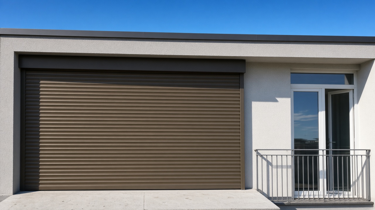 A bronze roller shutter nearly closed on a flat with a glazed balcony door, hard summer sun and a clear sky. Wide view of the whole elevation.