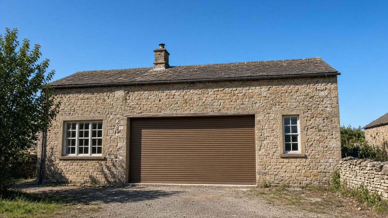 A bronze roller shutter nearly closed on a stone farmhouse, hard summer sun and a clear sky. Wide view of the whole elevation.