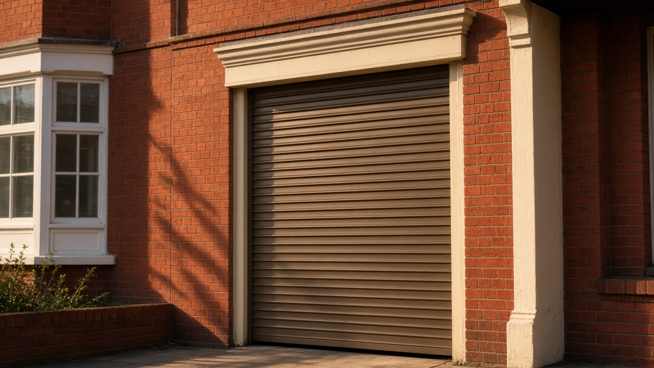 A bronze roller shutter nearly closed on a 1930s red-brick semi, late afternoon light and long shadows. Framed on one opening.