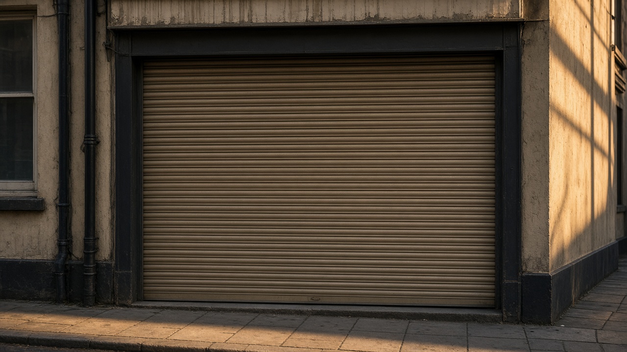 A bronze roller shutter nearly closed on a small high-street shopfront, late afternoon light and long shadows. Framed on one opening.