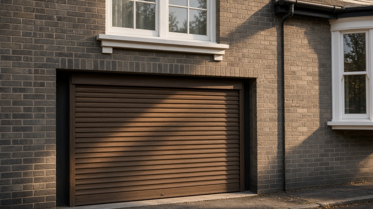 A bronze roller shutter nearly closed on a grey-brick semi, late afternoon light and long shadows. Framed on one opening.