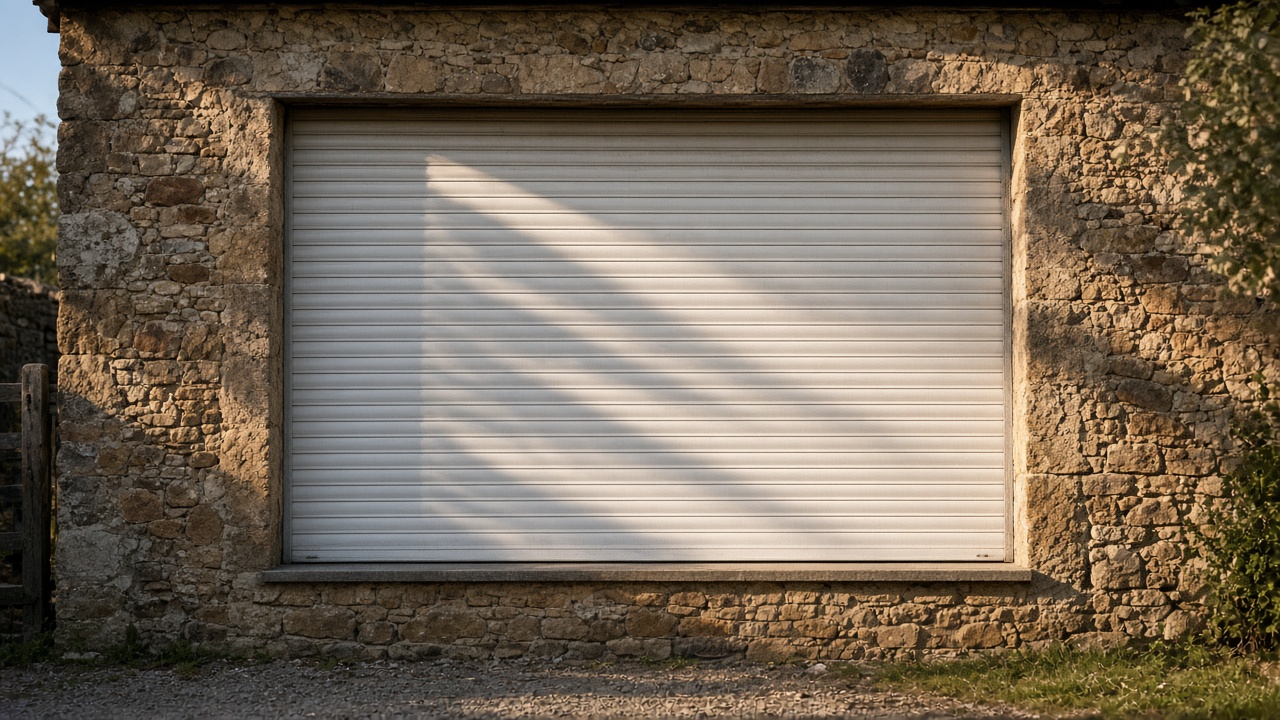 A white roller shutter fully lowered on a stone farmhouse, late afternoon light and long shadows. Framed on one opening.