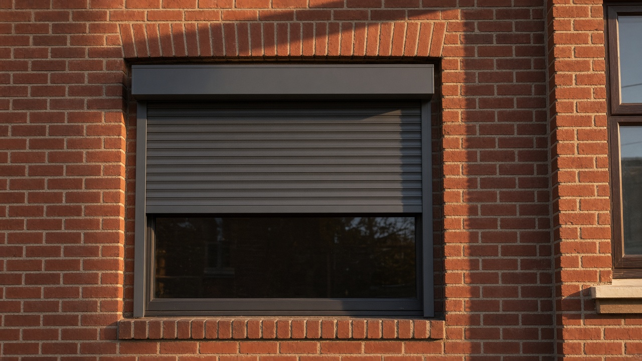 A dark grey roller shutter only a quarter down, with the box and side guides showing on a 1930s red-brick semi, late afternoon light and long shadows. Framed on one opening.