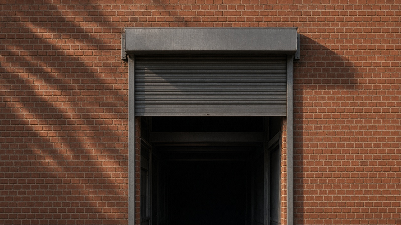A dark grey roller shutter only a quarter down, with the box and side guides showing on a red-brick rear extension, late afternoon light and long shadows. Framed on one opening.