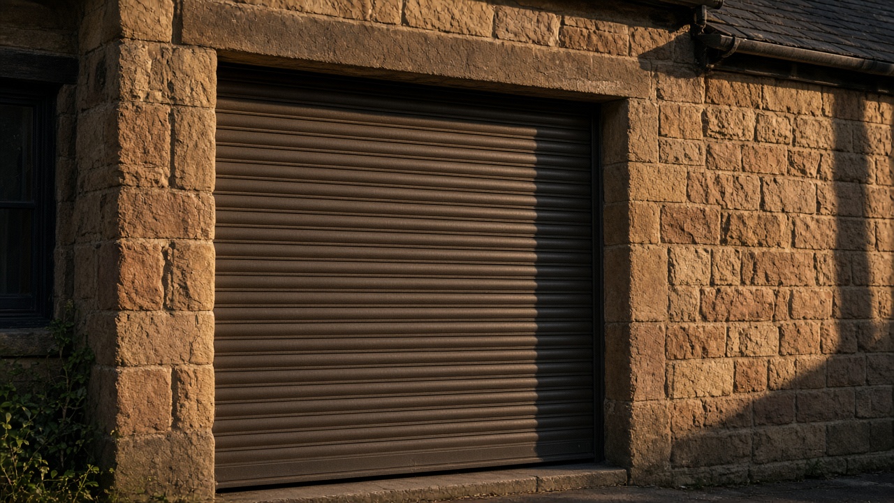 A bronze roller shutter nearly closed on a sandstone cottage, late afternoon light and long shadows. Framed on one opening.