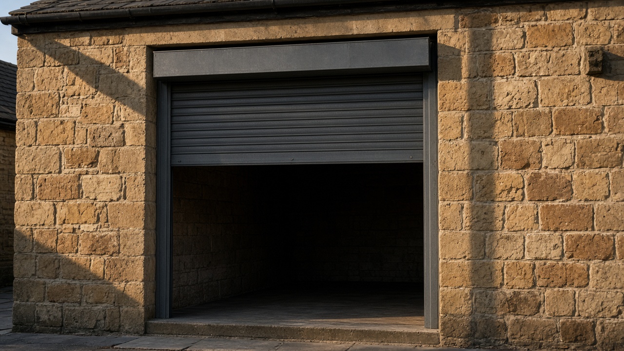 A dark grey roller shutter only a quarter down, with the box and side guides showing on a sandstone cottage, late afternoon light and long shadows. Framed on one opening.