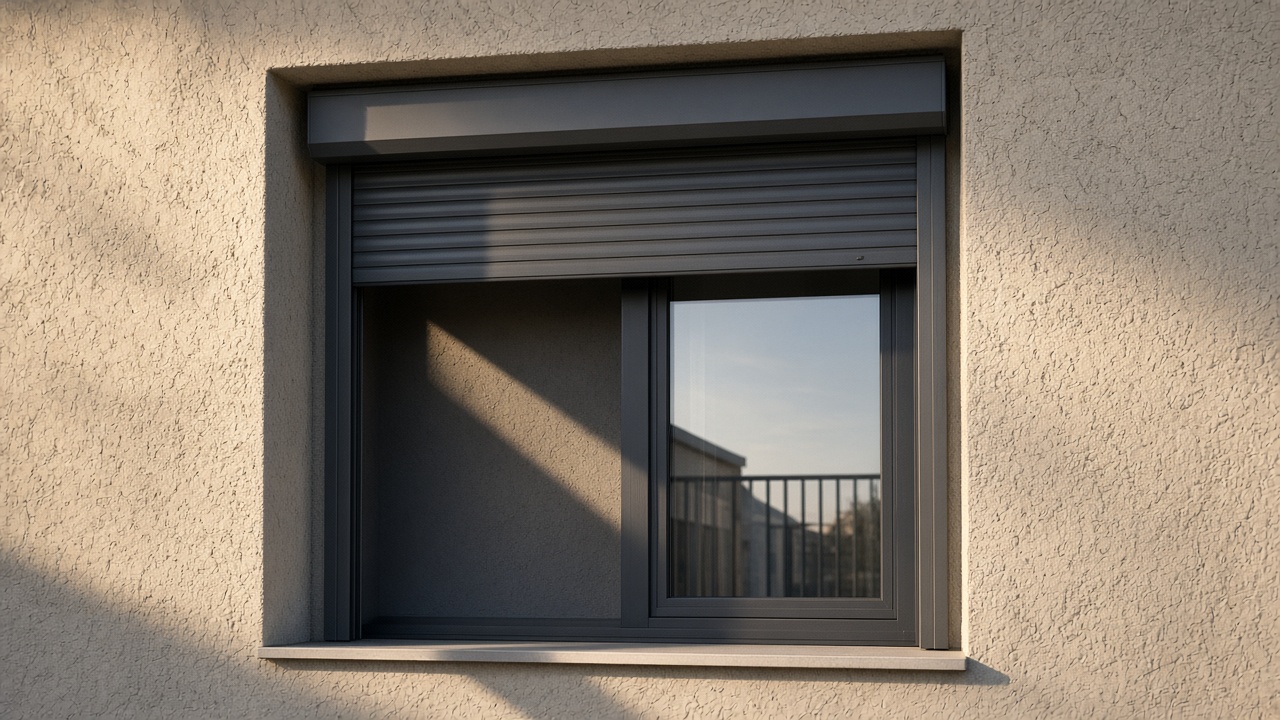 A dark grey roller shutter only a quarter down, with the box and side guides showing on a flat with a glazed balcony door, late afternoon light and long shadows. Framed on one opening.