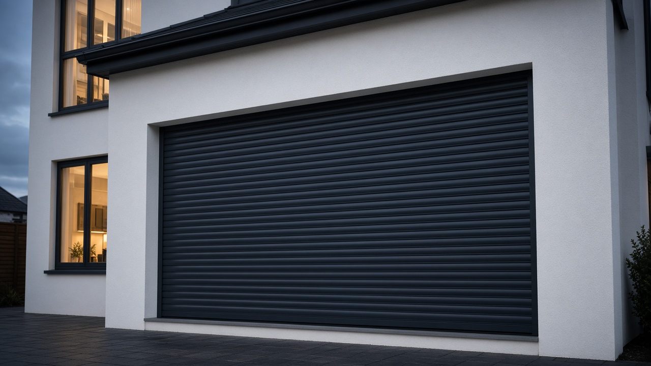 An anthracite roller shutter fully lowered on a white rendered new-build, dusk, with warm lights on inside. Framed on one opening.