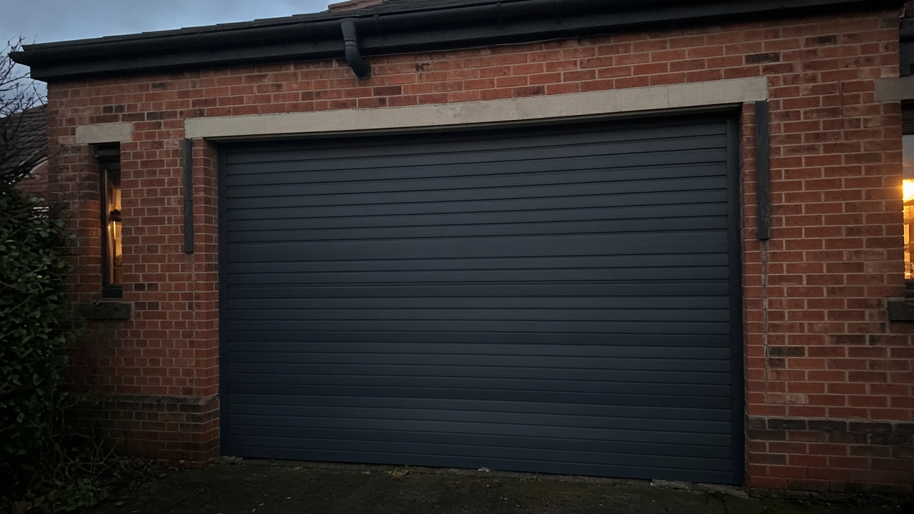 An anthracite roller shutter fully lowered on a red-brick rear extension, dusk, with warm lights on inside. Framed on one opening.